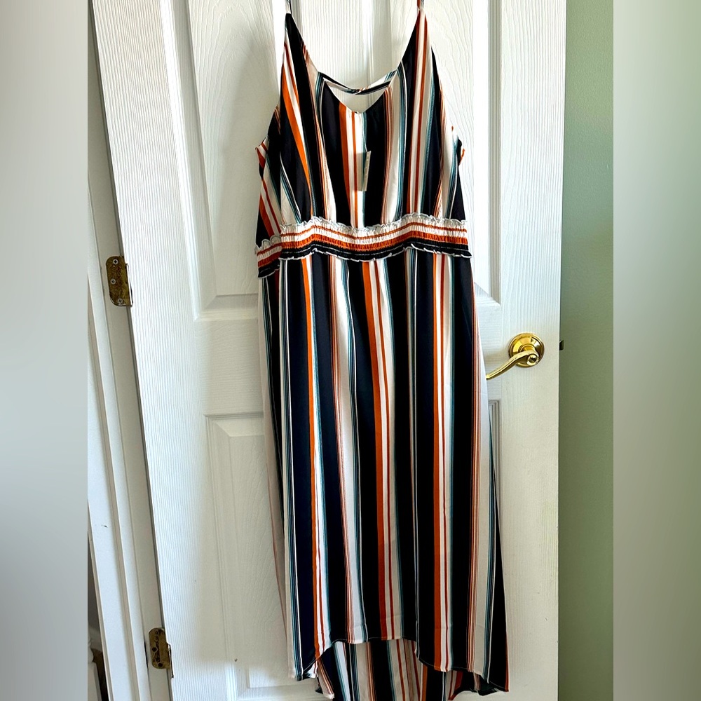 multi color striped midi dress semi hi- lo spaghetti strap